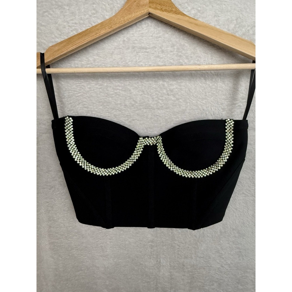 Alieva Celine Strapless Corset Crop Tube Top Black Rhinestone Bustier Bodice Sm